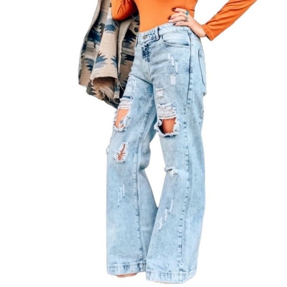 Uniq By Litz Distressed 90s Wide Leg jeans Mid-Rise Light Acid-Wash Blue Sz 28/7 - Picture 3 of 14